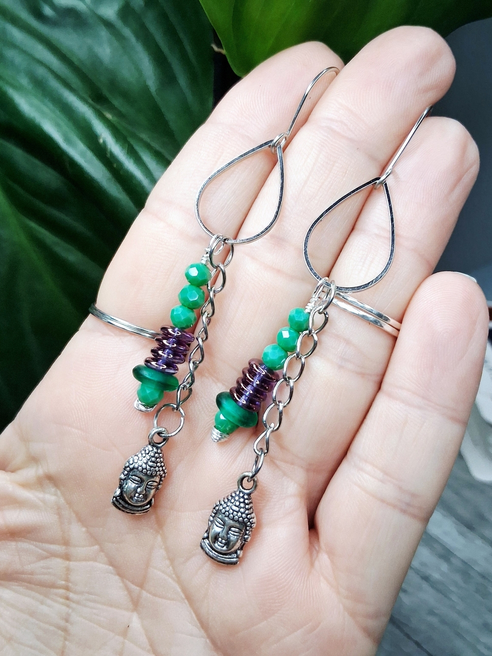 Green Bead and Buddha Charm Drop Earrings - Women Jewelry